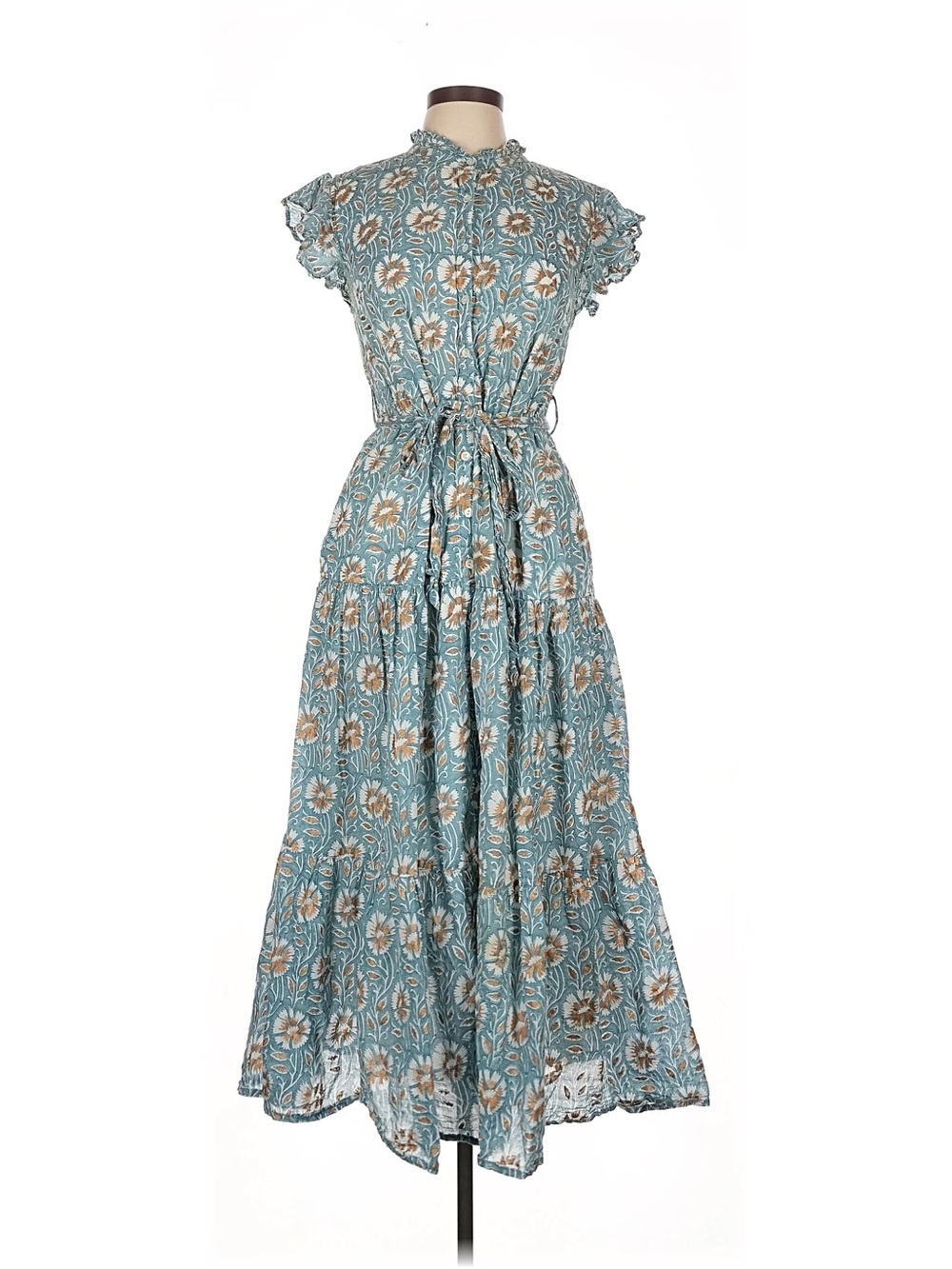 Oliphant Haveli Ocean Blue Ruffle Collar Midi Dress Tie Waist Gold Accents Large